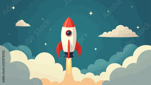 Vector illustration of red rocket launching into space among clouds and stars, startup concept.