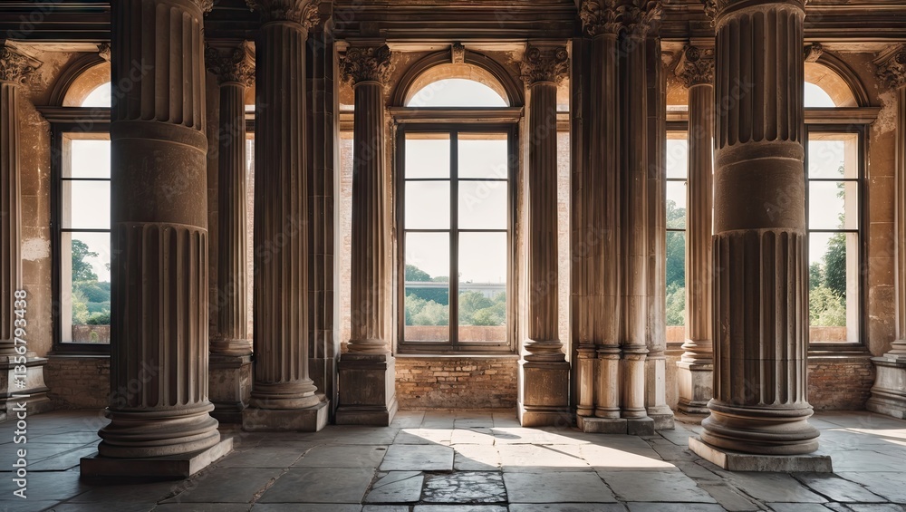 Historic interior featuring tall stone columns in shades of beige and brown, large windows allowing natural light, with a scenic view outside. Historic interior featuring tall stone columns in shades of beige and brown, large windows allowing natural light, with a scenic view outside.