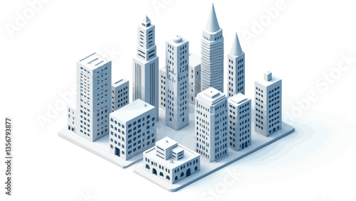 Isometric blue cityscape with modern high-rise buildings and 3D urban layout in minimalist style.

