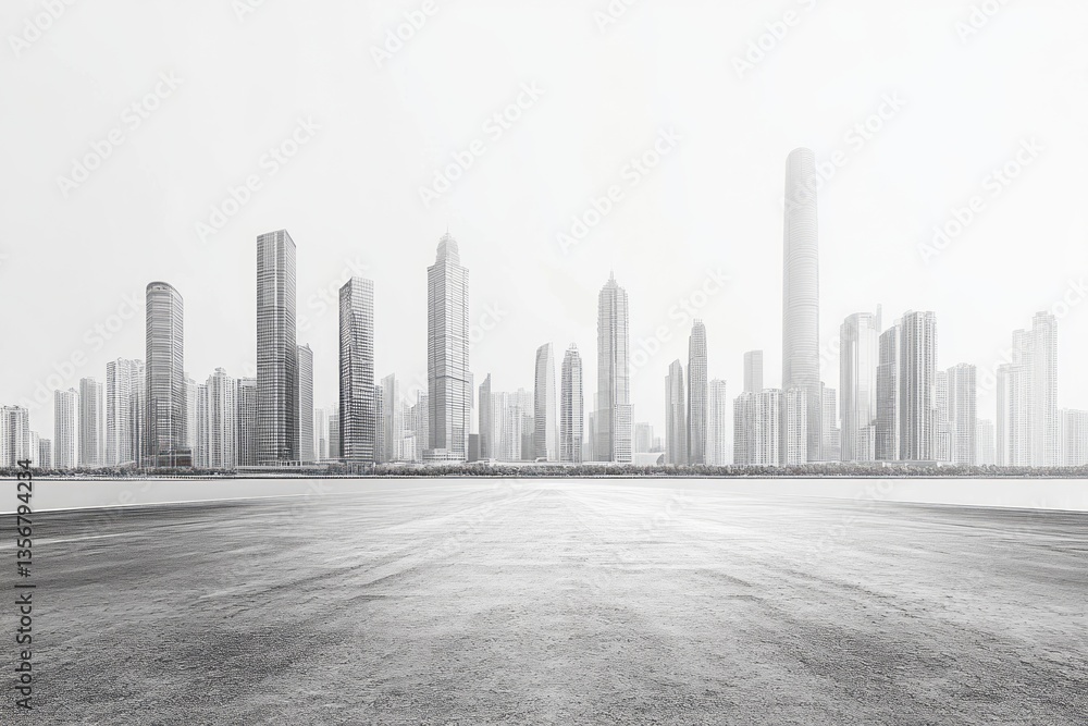 Fototapeta premium Monochrome cityscape shows tall buildings against a pale sky