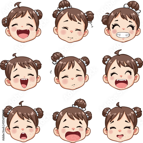 Various expressions of a cute cartoon girl with brown hair and pigtails
