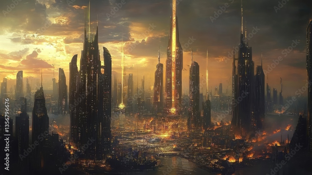 Futuristic Cityscape with Towering Skyscrapers and Dramatic Sunset Over Urban Environment Futuristic Cityscape with Towering Skyscrapers and Dramatic Sunset Over Urban Environment