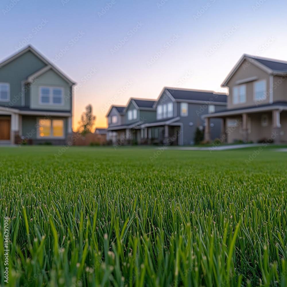 custom made wallpaper toronto digitalClose-up of vibrant green grass blades, showcasing a lush texture against a blurred background of houses at sunset, representing tranquility, suburban life, and homeownership