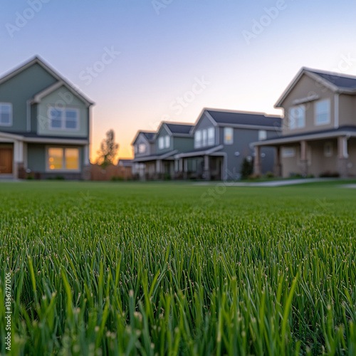 Wallpaper Mural Close-up of vibrant green grass blades, showcasing a lush texture against a blurred background of houses at sunset, representing tranquility, suburban life, and homeownership Torontodigital.ca