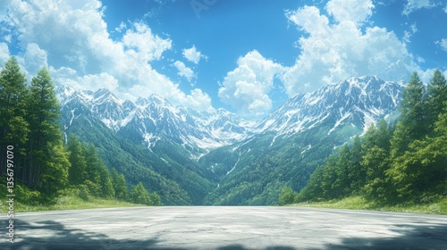 Mountain vista with evergreen trees under a blue sky