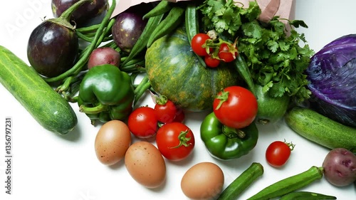 Fresh Vegetables and Eggs Spilling from a Paper Bag, A variety of fresh vegetables and eggs spilling out of a paper bag on a white surface