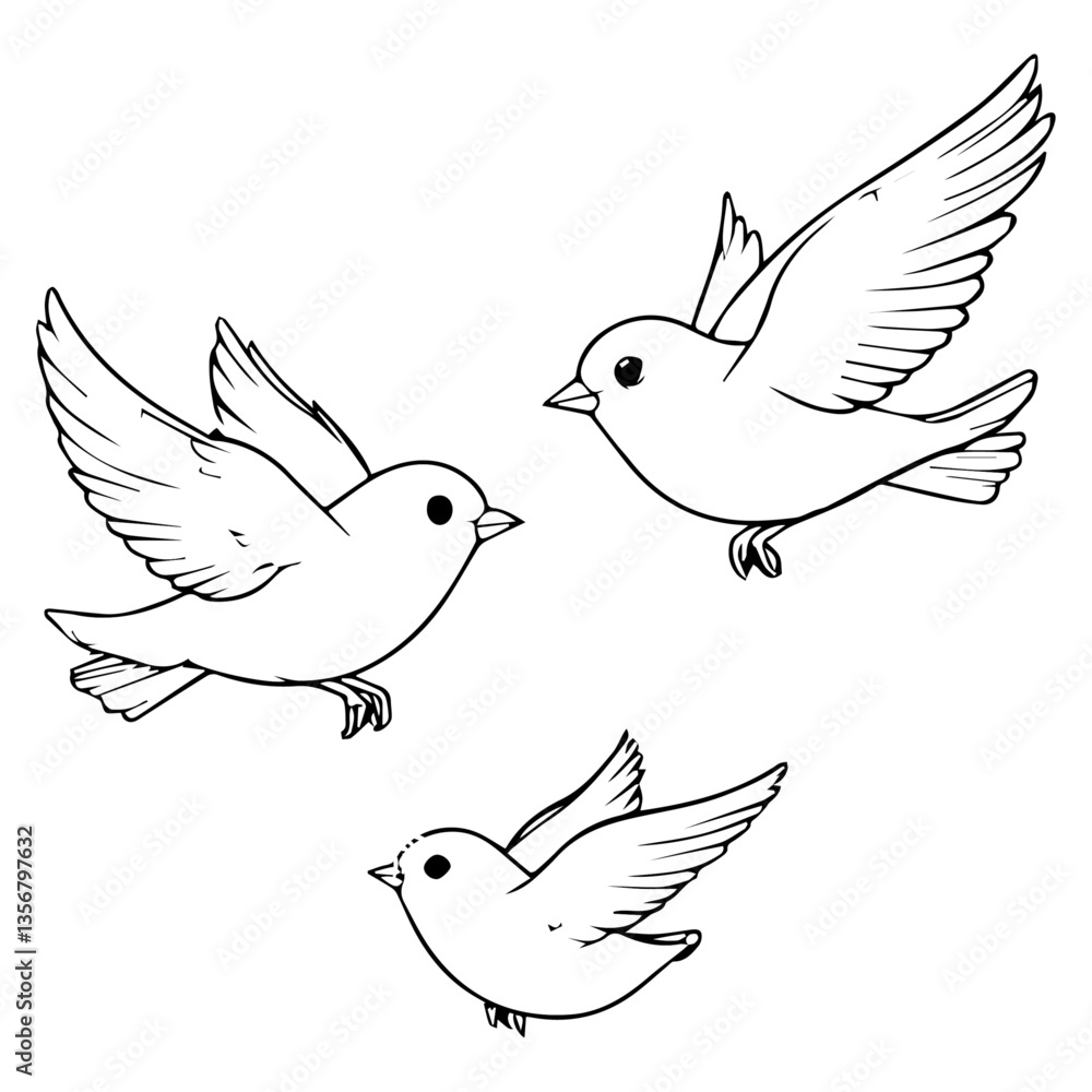 Fototapeta premium The image depicts three flying birds — outlined in black, in a simple linear style. The birds are in various poses.