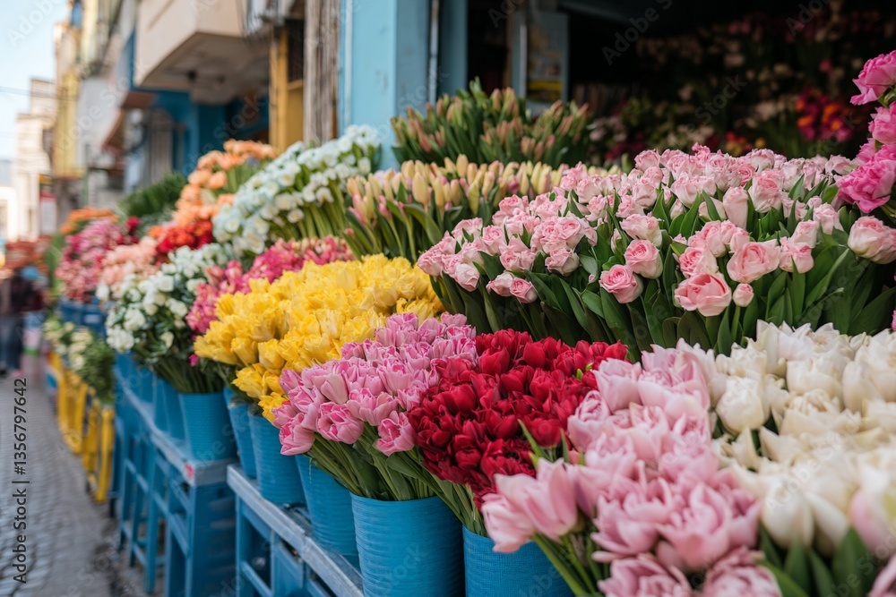 Obraz premium Colorful flower market bursting with tulips and roses during daytime in a lively urban setting