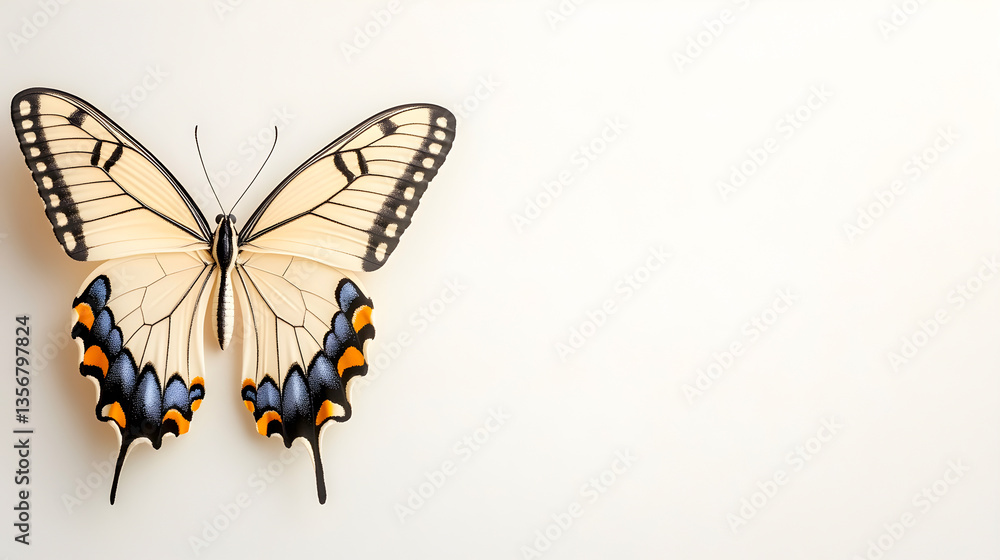 Fototapeta premium Yellow and black swallowtail butterfly on soft neutral background ideal for nature designs, posters or scientific visuals. Selective focus