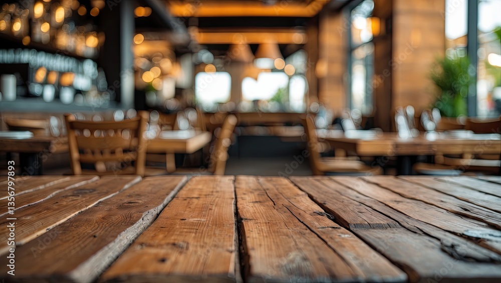 Rustic wooden table in the foreground with blurred restaurant interior featuring warm lights and seating in the background, creating a cozy atmosphere Rustic wooden table in the foreground with blurred restaurant interior featuring warm lights and seating in the background, creating a cozy atmosphere