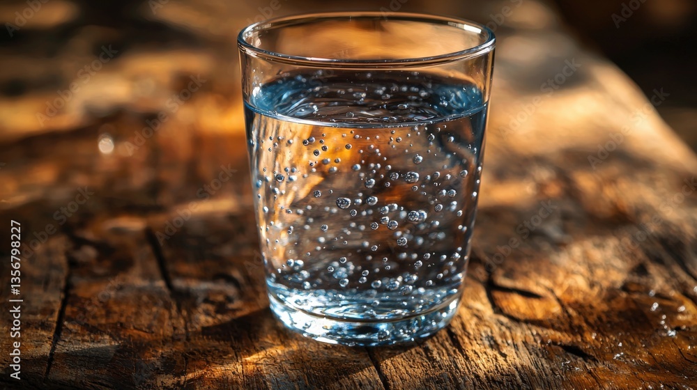 Clear well water in a minimalist glass on a rustic wooden table with soft lighting Clear well water in a minimalist glass on a rustic wooden table with soft lighting