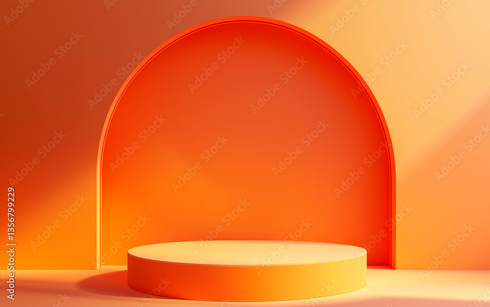 Simple orange round podium on warm gradient background. Clean setup for modern product presentation or mockup. Simple orange round podium on warm gradient background. Clean setup for modern product presentation or mockup.