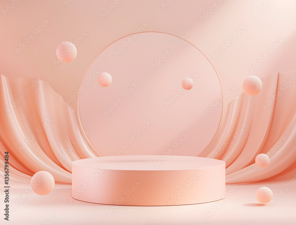 Pink podium with floating soap bubbles on soft background. Playful and light setting for beauty or skincare display. Pink podium with floating soap bubbles on soft background. Playful and light setting for beauty or skincare display.