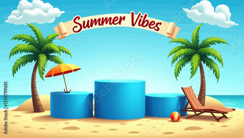 Summer beach scene with blue podiums, tropical palm trees, umbrella, beach ball, lounge chair, and "Summer Vibes" banner.
