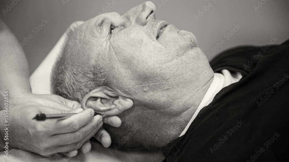 Dry needling with very fine needles inserted in target locations on the human ear