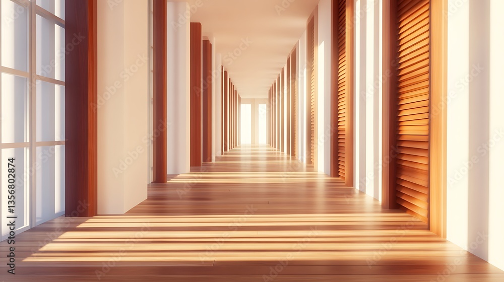 Fototapeta premium Long corridor with wooden panels and sunlight illuminating modern interior design