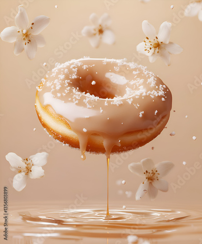 
A single vanilla-glazed donut floating in mid-air, covered in a smooth, glossy white glaze with a drizzle of delicate golden caramel