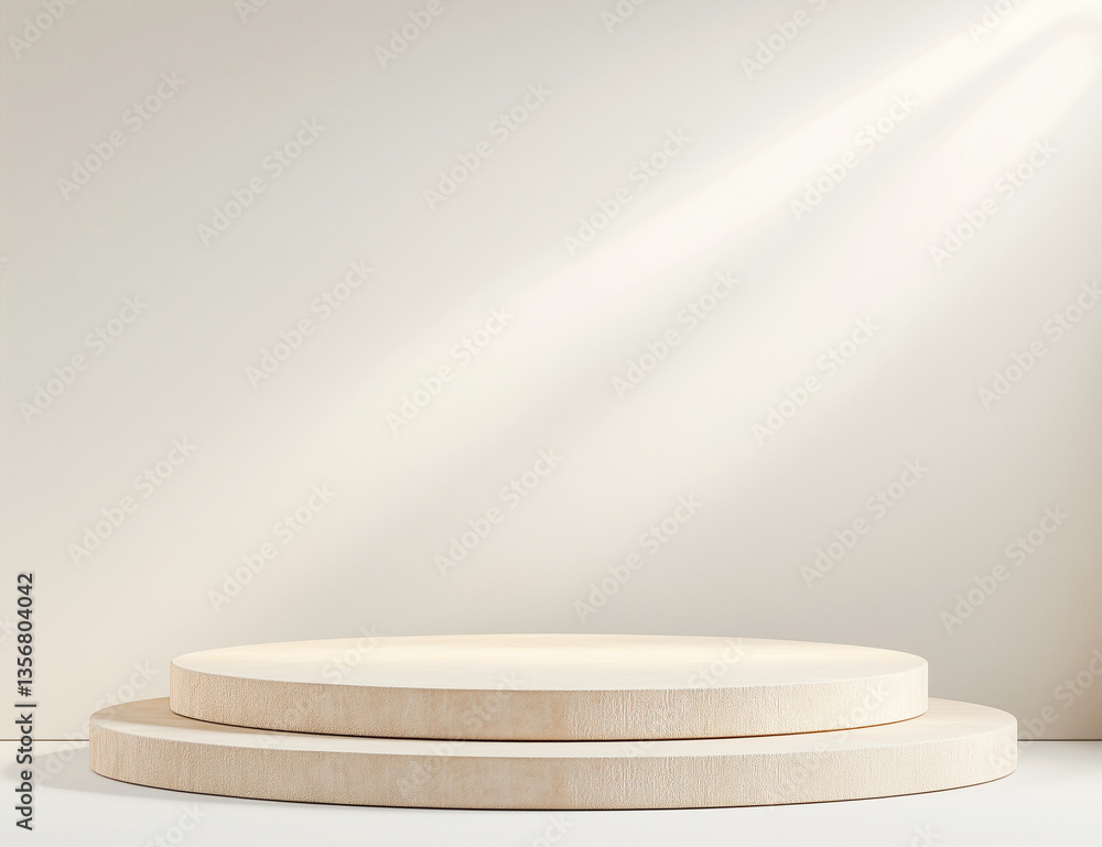 Light wooden podium with soft spotlight on neutral background. Natural and minimal setup for elegant product display.