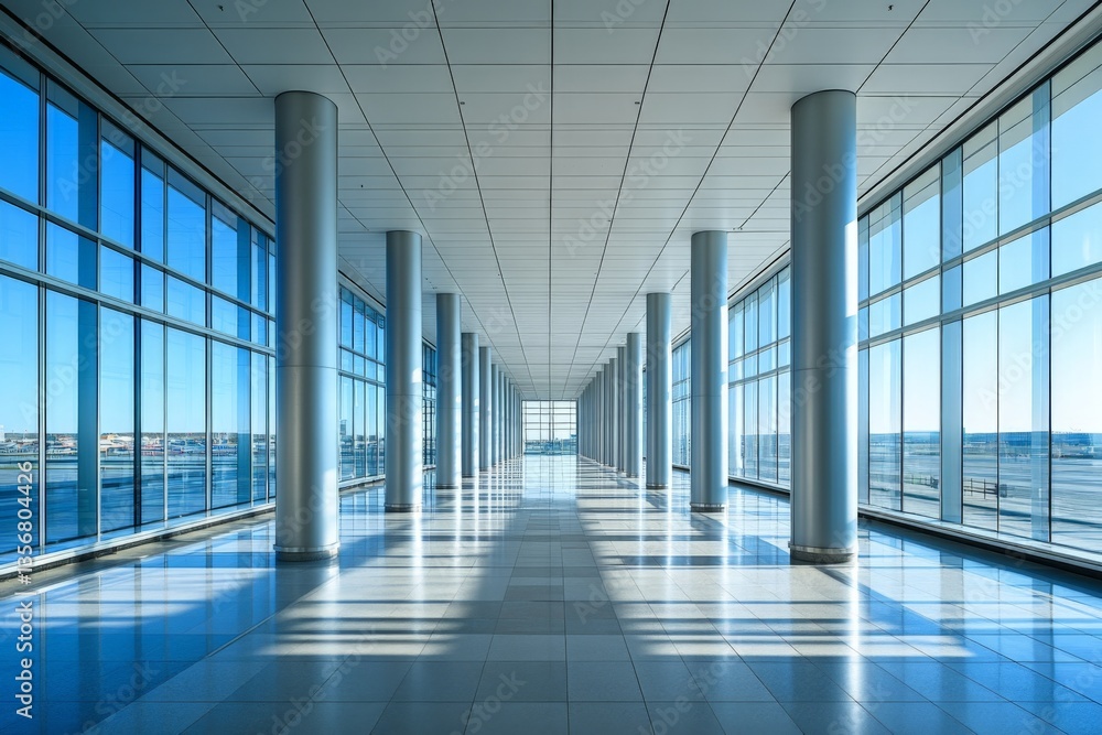 Modern airport terminal corridor with large windows showcasing bright blue sky and reflections on the polished floor Modern airport terminal corridor with large windows showcasing bright blue sky and reflections on the polished floor