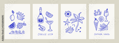 Hand drawn summer poster set. Dolce vita concept. Modern prints with palm tree, sun, fruits, seashells, vacation and beach icons. Minimalist line art. Vector illustration for invitations, prints.