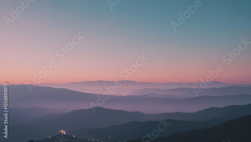 Purple sunset illuminating layers of mountain ridges fading into the mist