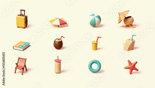 Colorful 3D summer vacation icons featuring suitcase, umbrella, beach ball, coconut drink, juice cup, deck chair, and starfish.