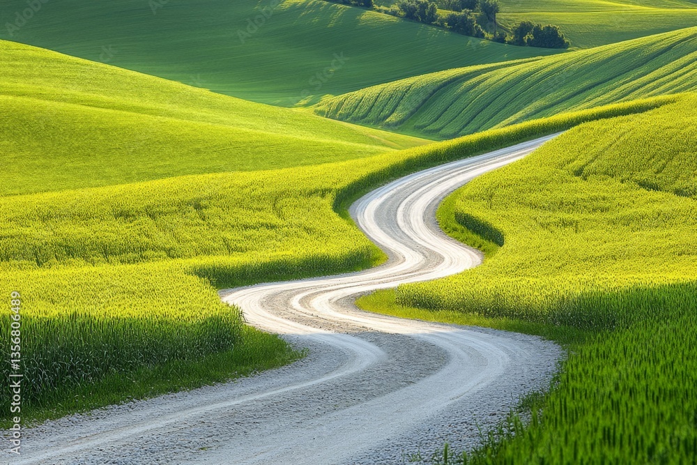 Naklejka premium Winding dirt road through vibrant green fields on a sunny day in the countryside