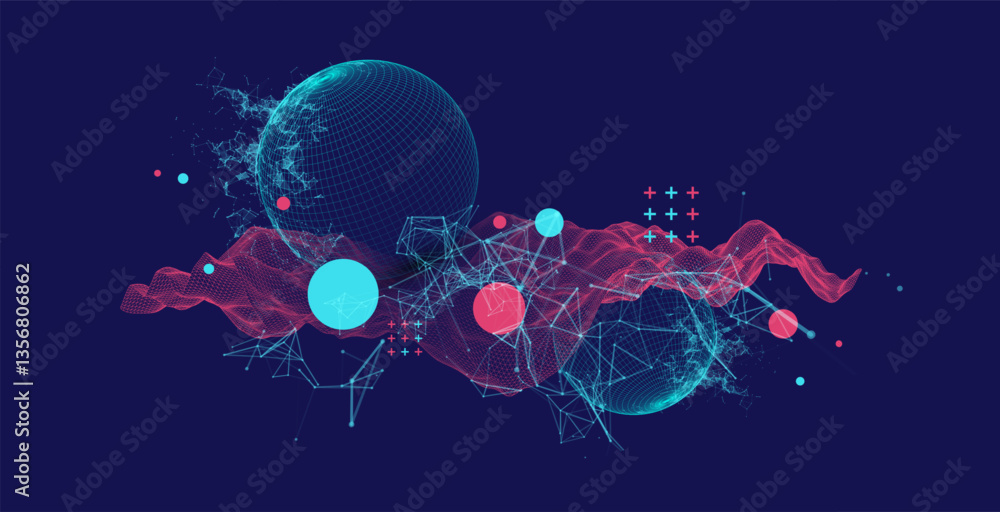 Science fiction background. Abstract image of wireframe wave and sphere with plexus effect.