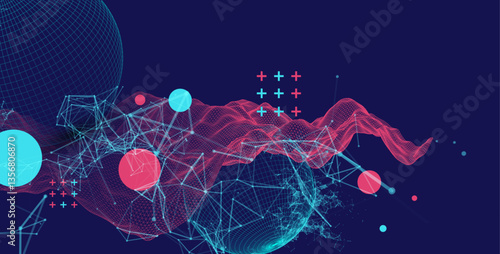 Science fiction background. Abstract image of wireframe wave and sphere with plexus effect.