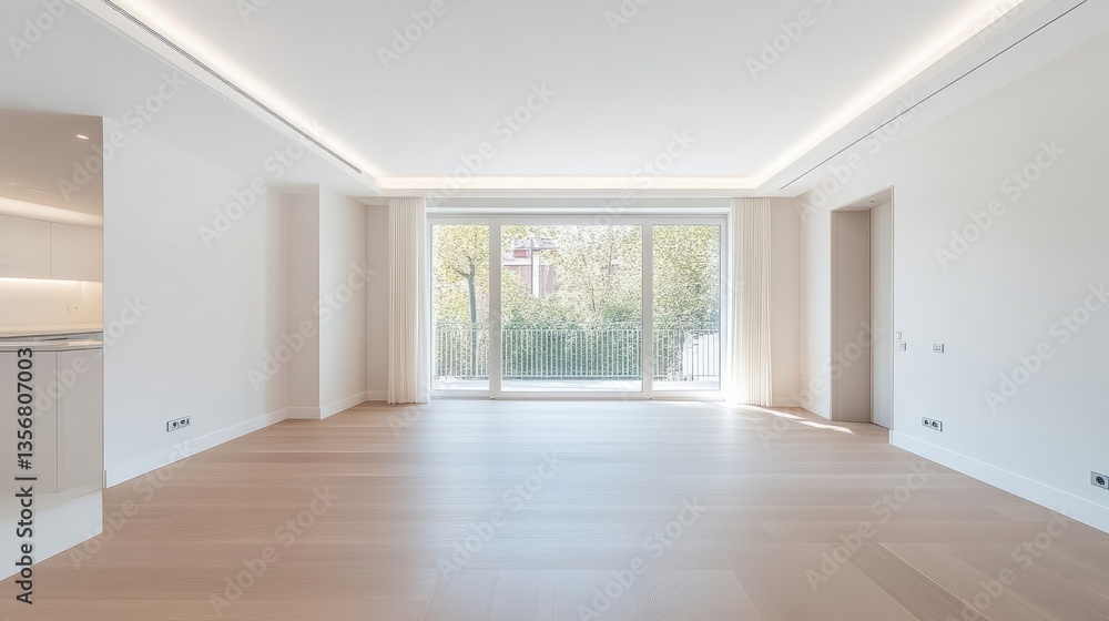 Empty modern living area with large windows Empty modern living area with large windows