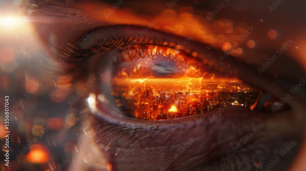 Tearful Reflection of a Burning City, a close-up vision capturing deep emotion and intensity, showcasing a single eye mirroring the chaos and despair of a fiery urban landscape Tearful Reflection of a Burning City, a close-up vision capturing deep emotion and intensity, showcasing a single eye mirroring the chaos and despair of a fiery urban landscape