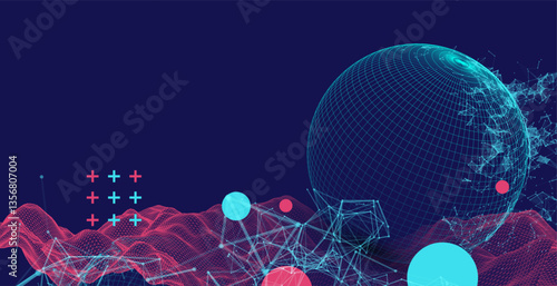 Science fiction background. Abstract image of wireframe wave and sphere with plexus effect.