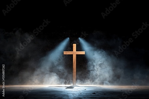 Illuminated Wooden Cross with Brick Wall.