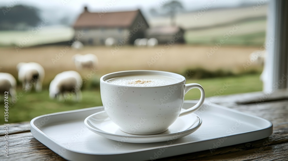 Fototapeta premium Ceramic cup of warm sheep milk on minimalist tray in rural farmhouse setting