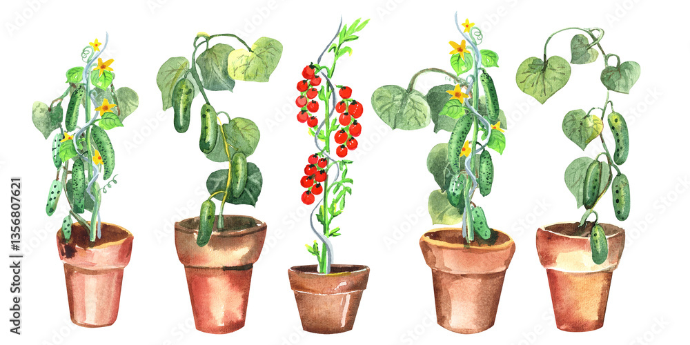 Fototapeta premium Tomato, cucumber seedlings in reusable peat pots clipart, rare varieties of tomatoes seeds. Garden shovel, seeds, soil. Stock illustration. Hand painted in watercolor.