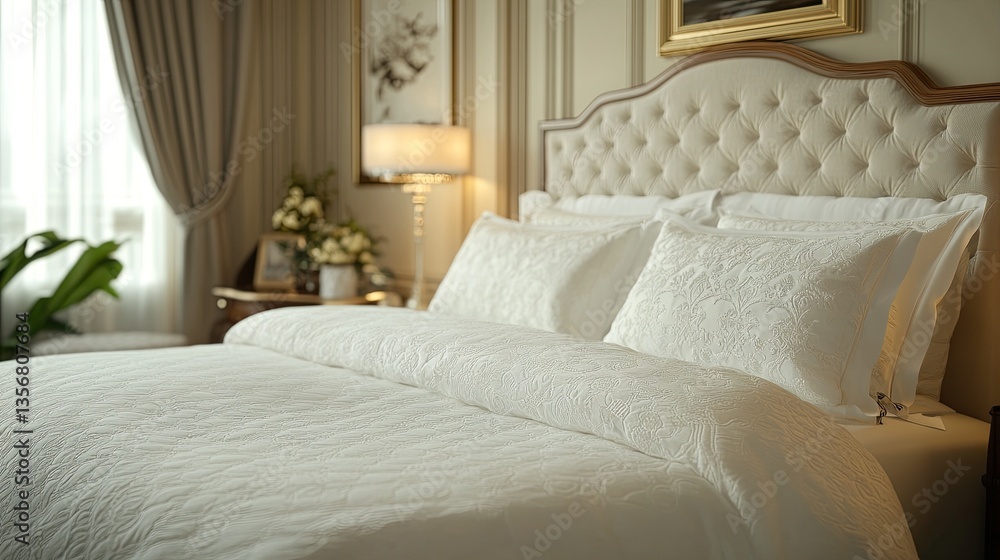 3D render of a luxury hotel suite with plush bedding and elegant deco 3D render of a luxury hotel suite with plush bedding and elegant deco