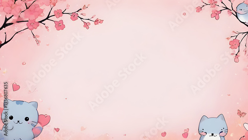 Cute Blue Kittens Playing with Hearts Under Cherry Blossoms on Pink Background