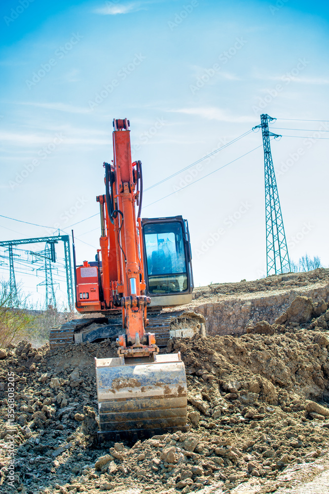 Construction site. Excavator dig the trenches. Trench for laying external sewer pipes