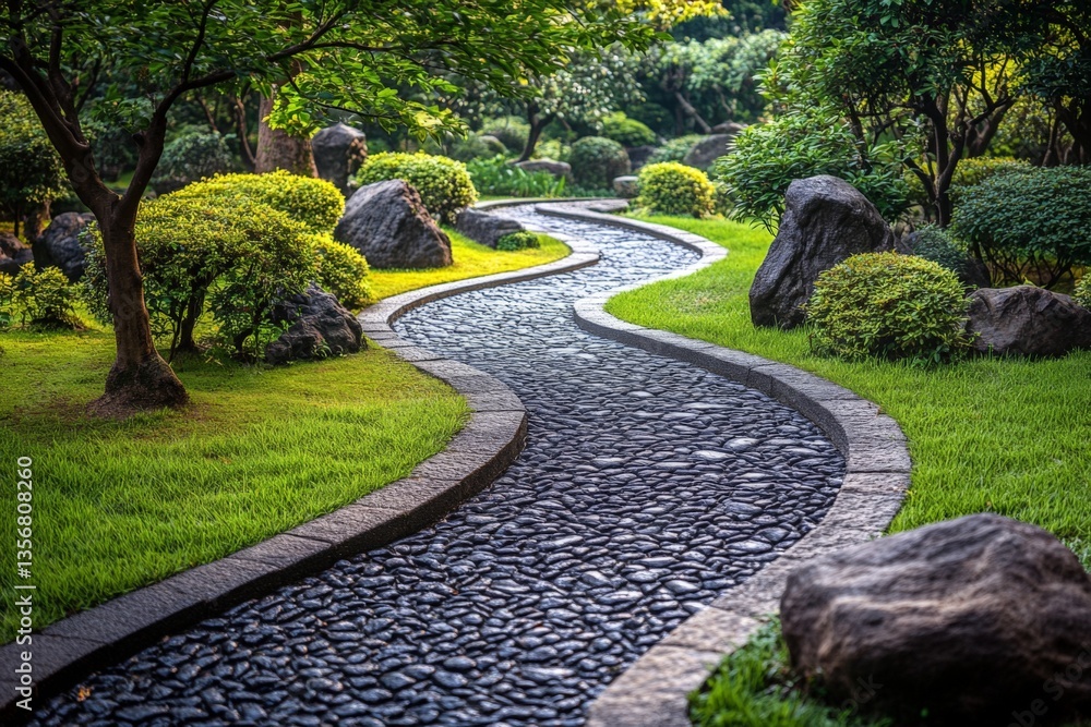 Winding stone path through a lush garden landscape with carefully manicured bushes in a tranquil setting Winding stone path through a lush garden landscape with carefully manicured bushes in a tranquil setting