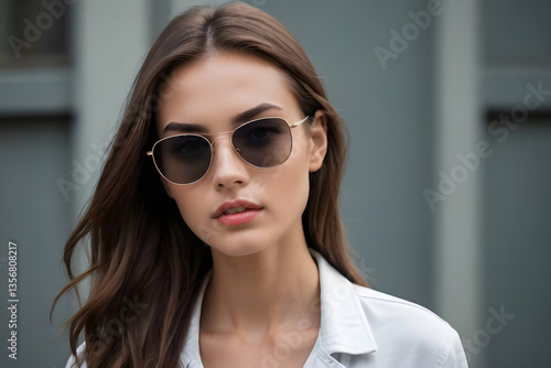 Businesswoman wearing stylish sunglasses posing in an urban setting
