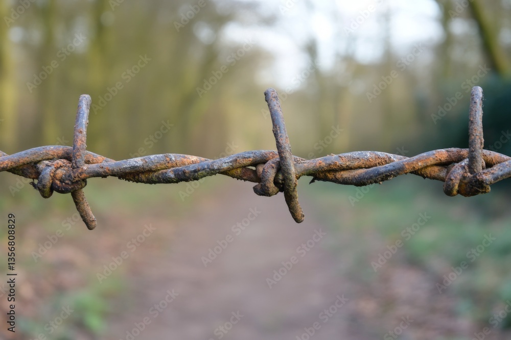 Rusty barbed wire stretches across a forest path as nature begins to reclaim the area in early morning light Rusty barbed wire stretches across a forest path as nature begins to reclaim the area in early morning light