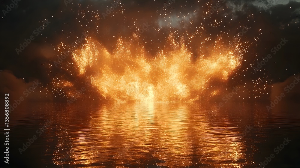 Fototapeta premium Fiery inferno reflected in calm water at night