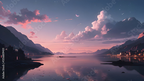 Crescent moon rising over lake and mountains at sunset with pink clouds