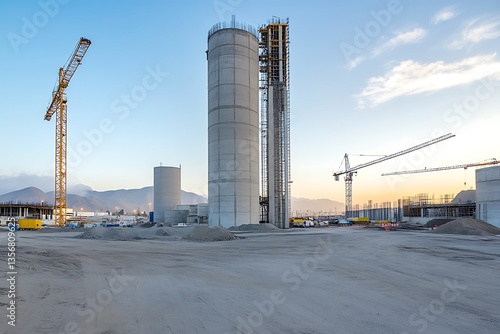 Construction site with cranes and concrete silos at sunset