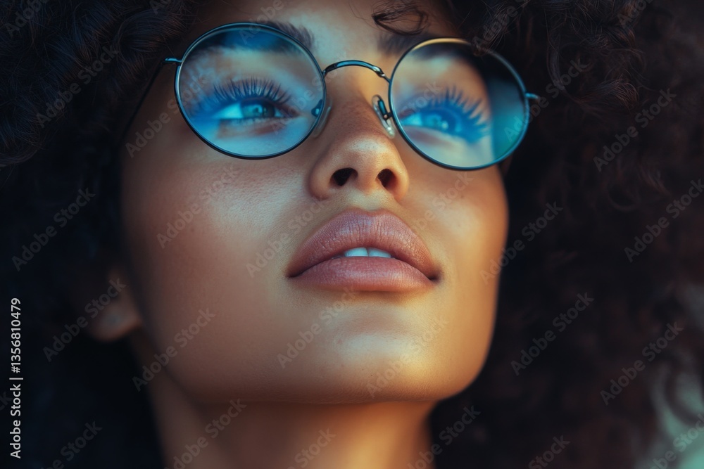 Portrait of a woman with curly hair and stylish glasses enjoying a moment of contemplation in soft light during the late afternoon Portrait of a woman with curly hair and stylish glasses enjoying a moment of contemplation in soft light during the late afternoon