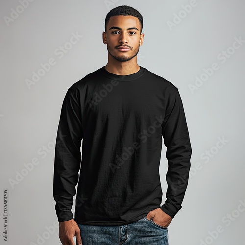 A young man wearing a long sleeved black shirt