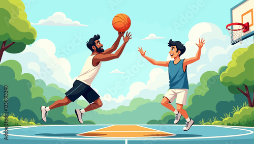Outdoor basketball game between two players jumping for a shot, surrounded by trees and blue sky.