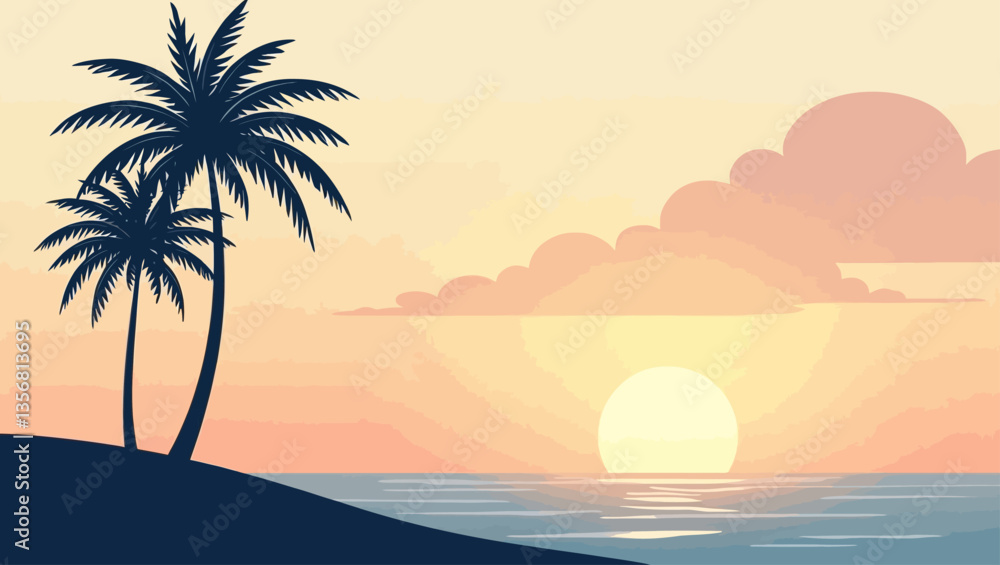 Minimal tropical sunset illustration with palm trees and ocean horizon, ideal for summer, vacation, and travel themes. Minimal tropical sunset illustration with palm trees and ocean horizon, ideal for summer, vacation, and travel themes.