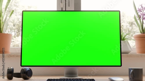 Computer all in one with a green screen monitor, highlighting a clean work environment with natural light and greenery. A smooth close-up to the monitor screen.