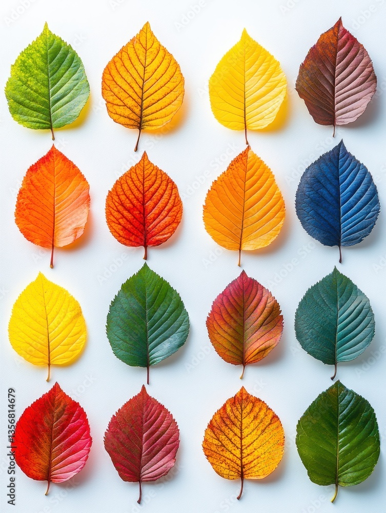 Obraz premium Autumnal Symphony A Captivating Array of Colorful Leaves Displayed on White Backdrop Shot in High Angle Creating an Engaging Visual Experience
